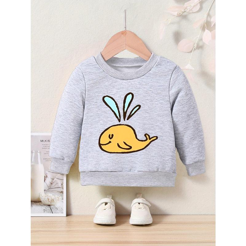 Kids' Cartoon Whale Applique Crew Neck Sweatshirt - Casual Pullover , Regular Fit, Slight Stretch Fabric, Ideal for Spring/Fall