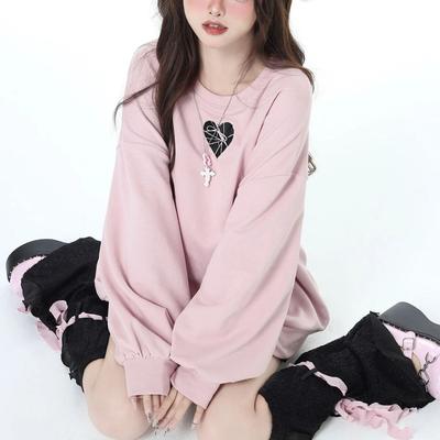 FiveFive Women Bow Lace-up Heart Slouchy Designed Loose Casual Tops Autumn Sweet Girls O-neck Cozy Tender Streetwear Chic