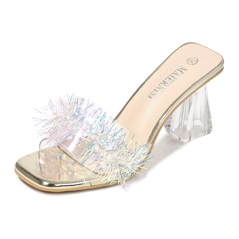 

Summer transparent heel sexy high heels colorful personalized thick heel women s sandals PVC surface monochrome trend comfortable 46 золотой