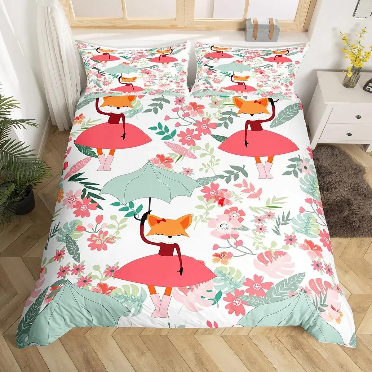 

Comforter Cartoon Fox Kawaii Comforter For Boys Girl Room Dorm Lovely Wild Animals Bedding Set Twin Full Queen King Size Comforter (quilt)-EU Single(135*200cm)3pcs