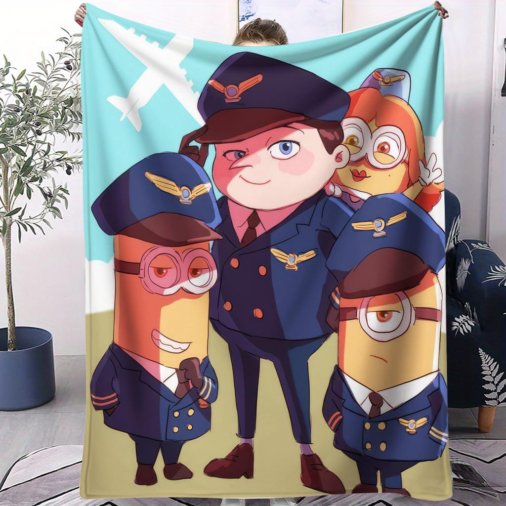 GruMinion Pilot Team Cute Cartoon Print Flannel Blanket for Adult Quality Soft Warm Universal Blanket for Travel Picnic Home
