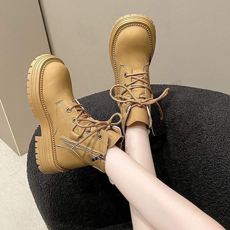 Martin Boots Damen 2025 Frühling und Herbst neu Britischer Stil Weiches Leder Super angesagte Kurze Stiefel Dicksohlige Innen erhöhende Lokomotivstiefel