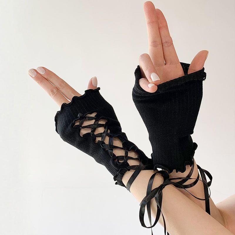 Y2K Millennial Lace-Up Ruffle Cute JK Lolita Bracelet Gloves with Ribbon Sleeves