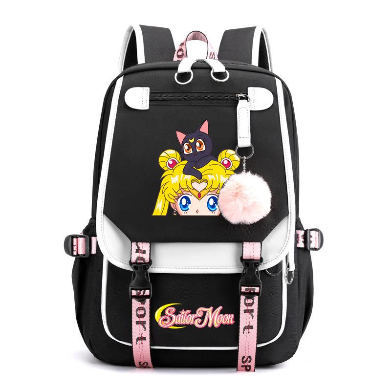 Sailor Moon Cute Anime Printed Student School Bag USB Interface Large Capacity Canvas Bag Computer Bag