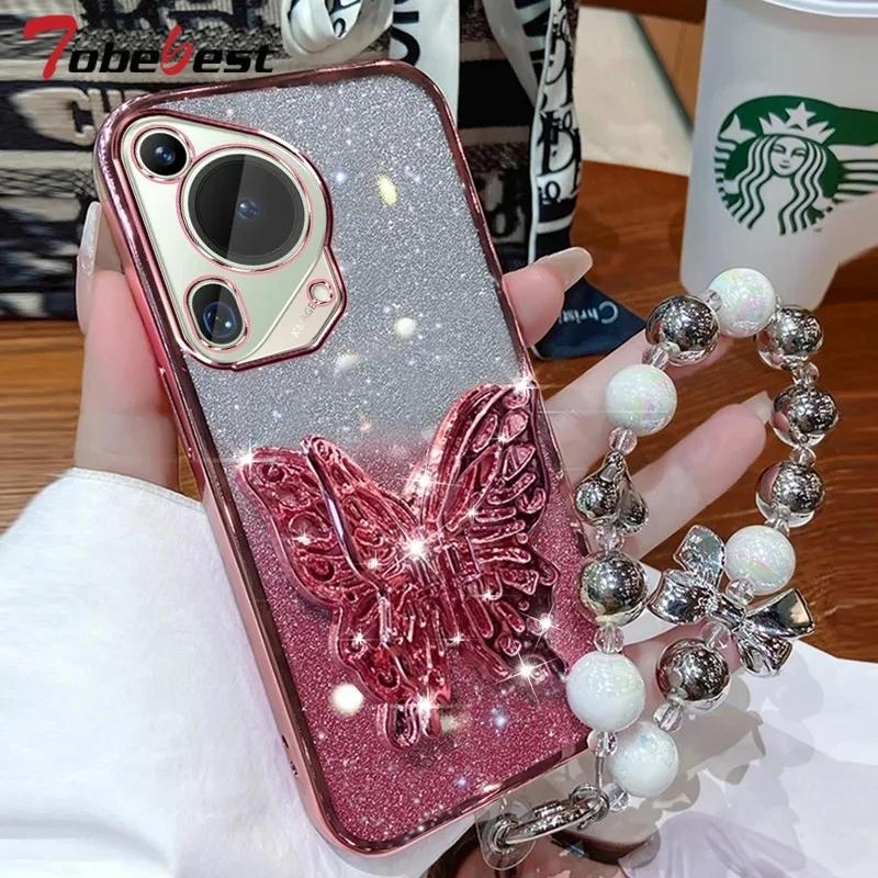 3D Butterfly Phone Holder  Bracelet Glitter Plating Case for Motorola Moto G22 G24 G30 G20 G10 G31 G32 G42 G50 G52 G53 G54 G84