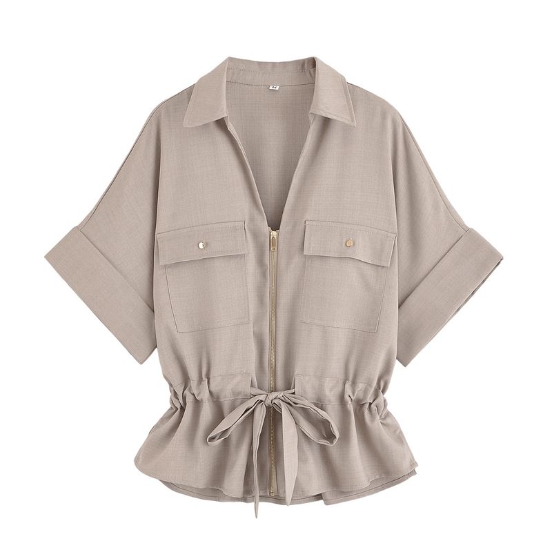 Lapel Curling Short sleeve Linen Blend Travel Hunting Shirts 2273996 High Waist Wide Leg Pants 2116996