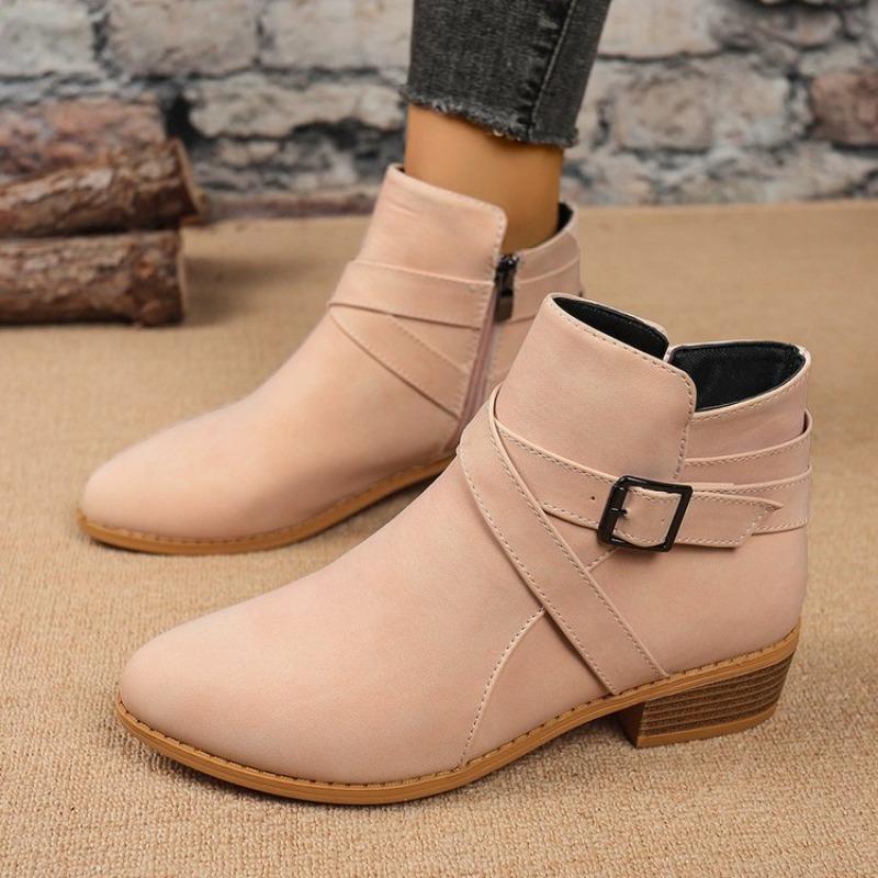 

Fashion Big Size Women Pointed Toe Ankle Boots Chunky Heel Buckle Boots Side Zipper Retro Autumn Winter Designer Shoes Zapatos De Mujer 35 хаки