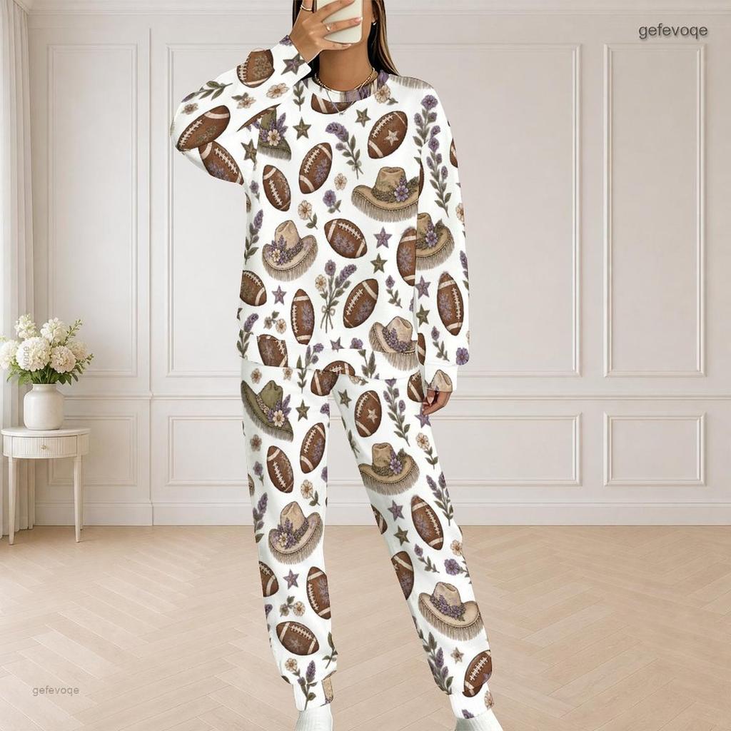 Women Plus Size Printed Two Piece Set Round Neck Long Sleeve Top And Long Pants