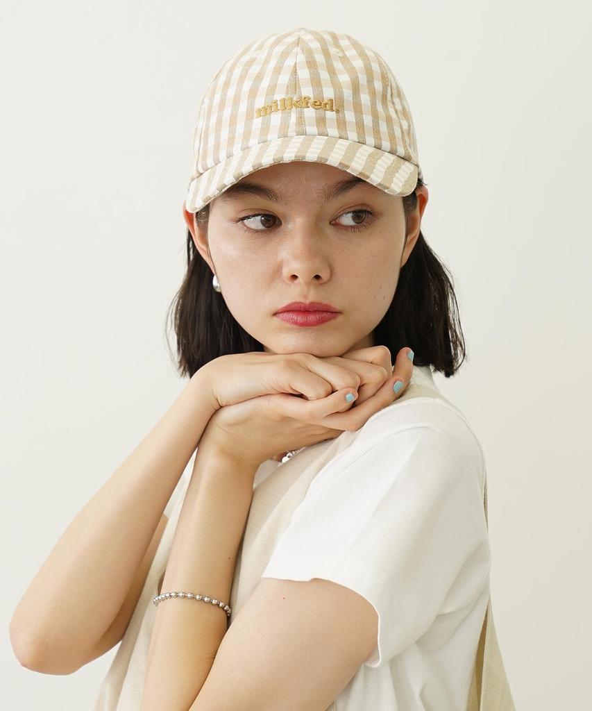 [Milkfed] GINGHAM LOGO CAP for women, BEIGE