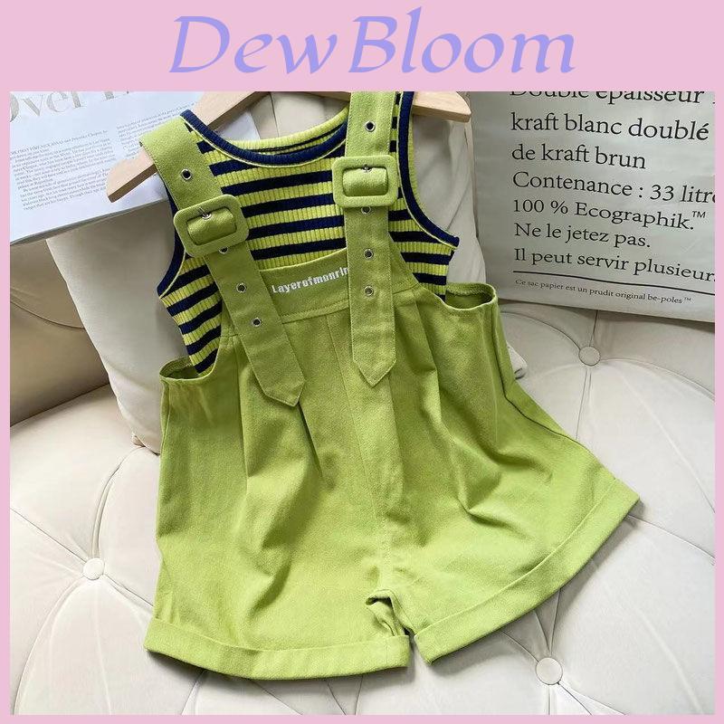 Stylish Summer Girls Two Piece Outfit Set With Trendy Sleeveless Top And Striped Adjustable Suspenders