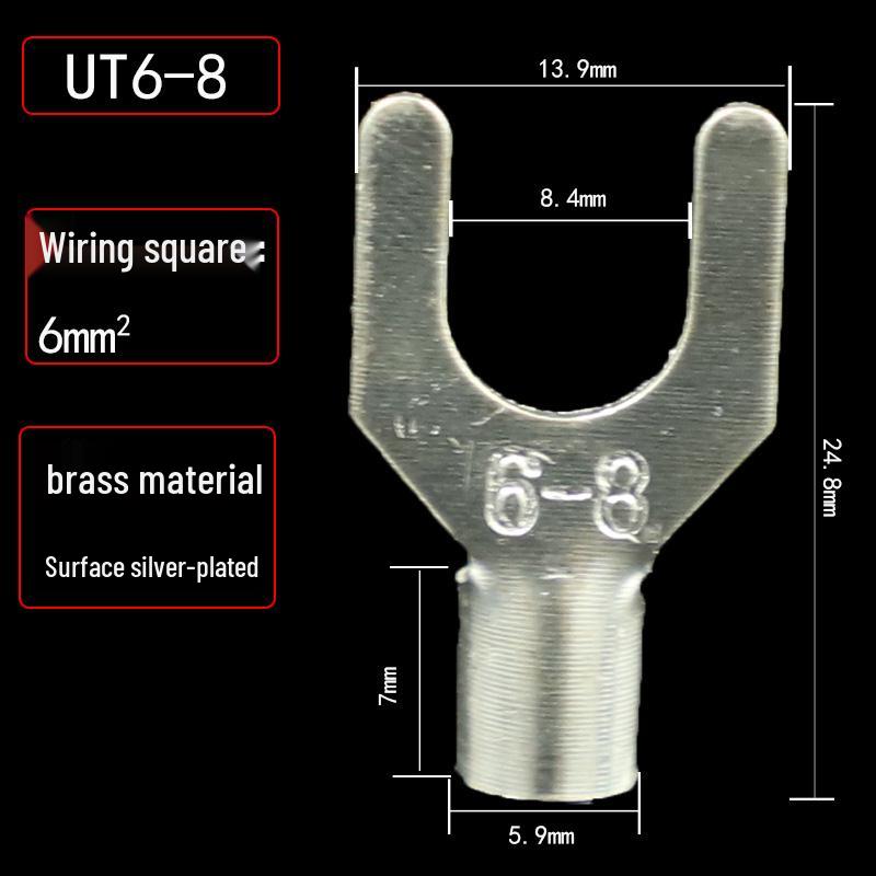 UT1.5/2.5/4-3/5/6/8 Fork Cold Crimp Terminal, Silver-Plated U & Y-shaped Copper Wire Lug