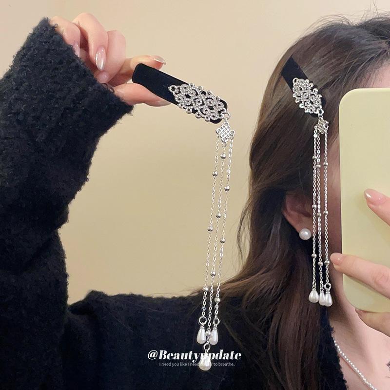 New Chinese style diamond-set flocked pearl fringed hairpin side bangs clip BB clip niche design hair accessories women
