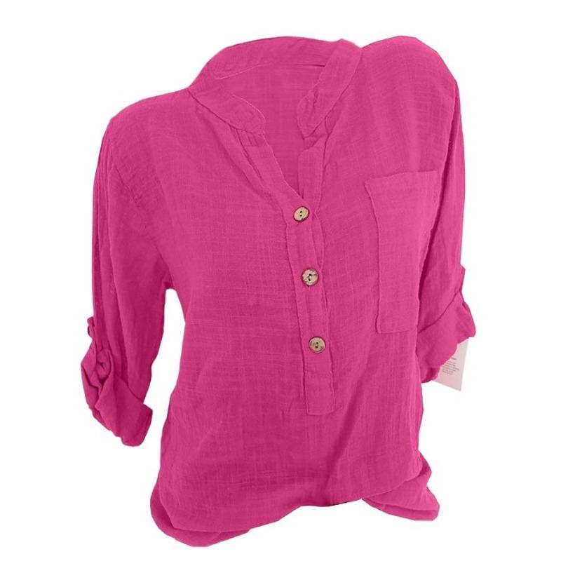 

Весна Осень Женская Однотонная Блузка из Хлопка и Льна с V-образным Вырезом на Пуговицах Большого Размера с Карманом 5XL ярко-розовый