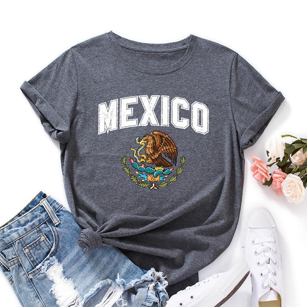 MEXICO Pattern Cotton T-Shirt Short Sleeve Round Neck Women 2d Print Tops