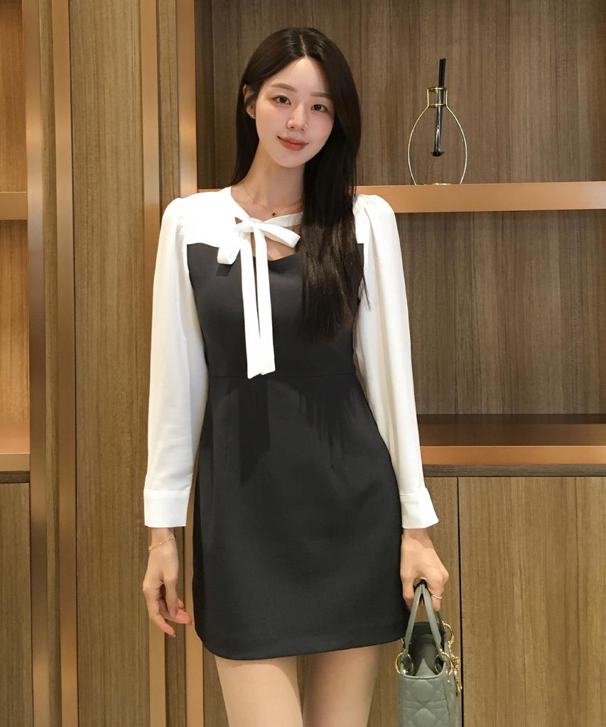 Neimkategoli Nina Color Block Ribbon Tie Dress_White