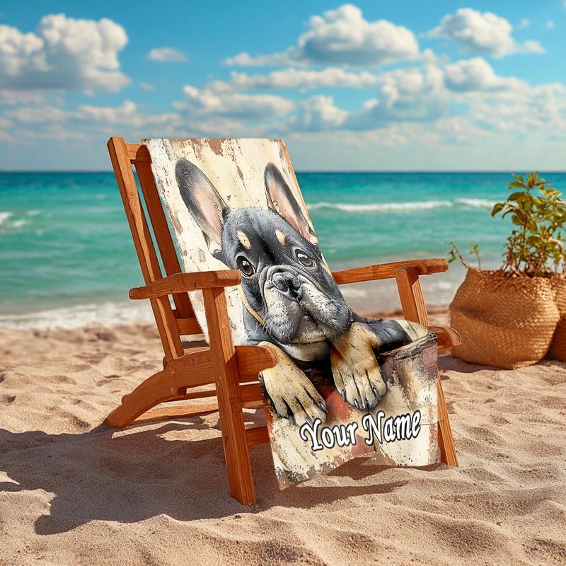 1PC Custom Name French Bulldog Portrait Beach Towel Highly Absorbent And Sand-Resistant Towel for Swimming, Pool, Yoga, And Travel Lightweight