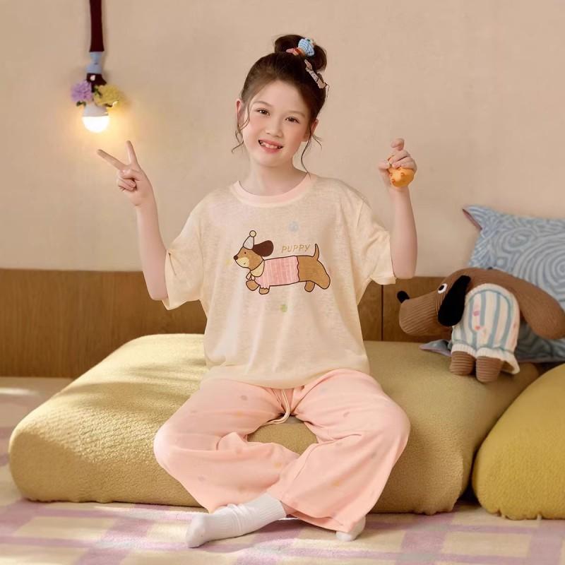 Cute Cartoon Family Matching Pajamas Set Girls Moms Soft Tencel Short Sleeve Long Pants Sleepwear