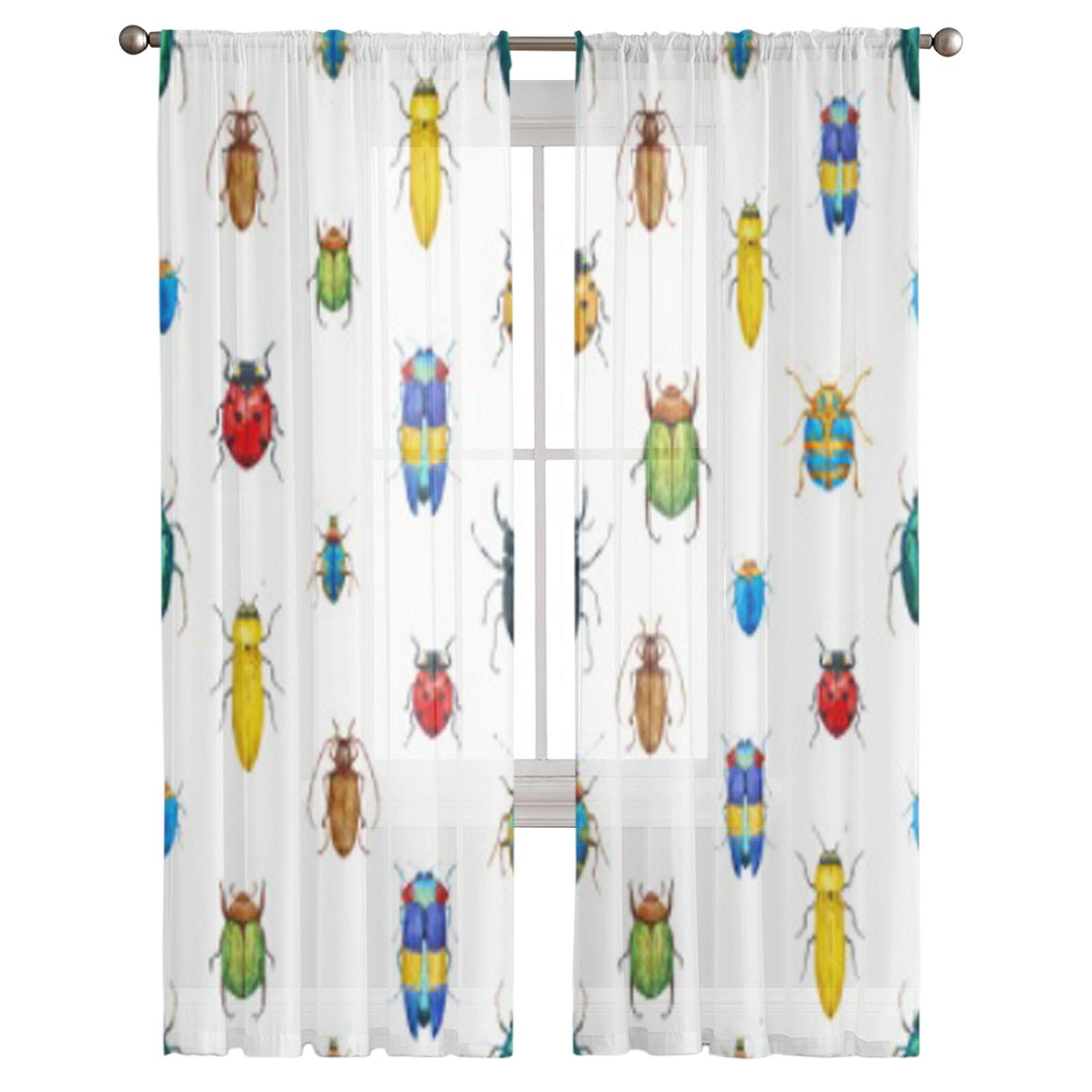 Красивые прозрачные тюлевые шторы с акварельными жуками для украшения гостиной — фото 2