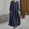 Plus Size Women Long Sleeve Cotton Linen Solid Color Round Neck Pocket Long Dress Irregular Patchwork Hem Dress