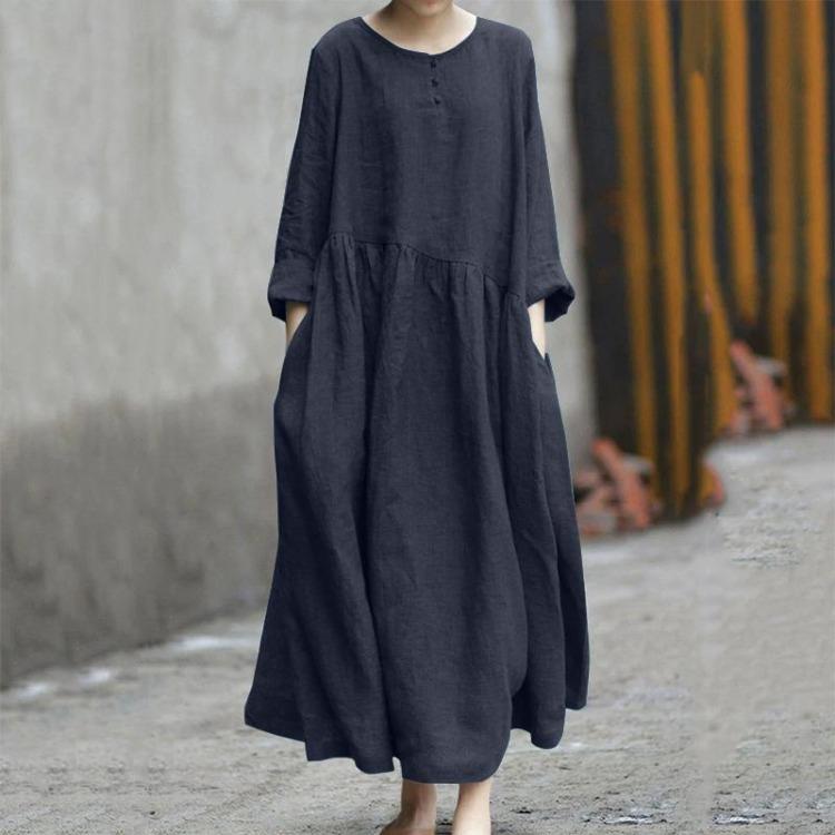 Plus Size Women Long Sleeve Cotton Linen Solid Color Round Neck Pocket Long Dress Irregular Patchwork Hem Dress