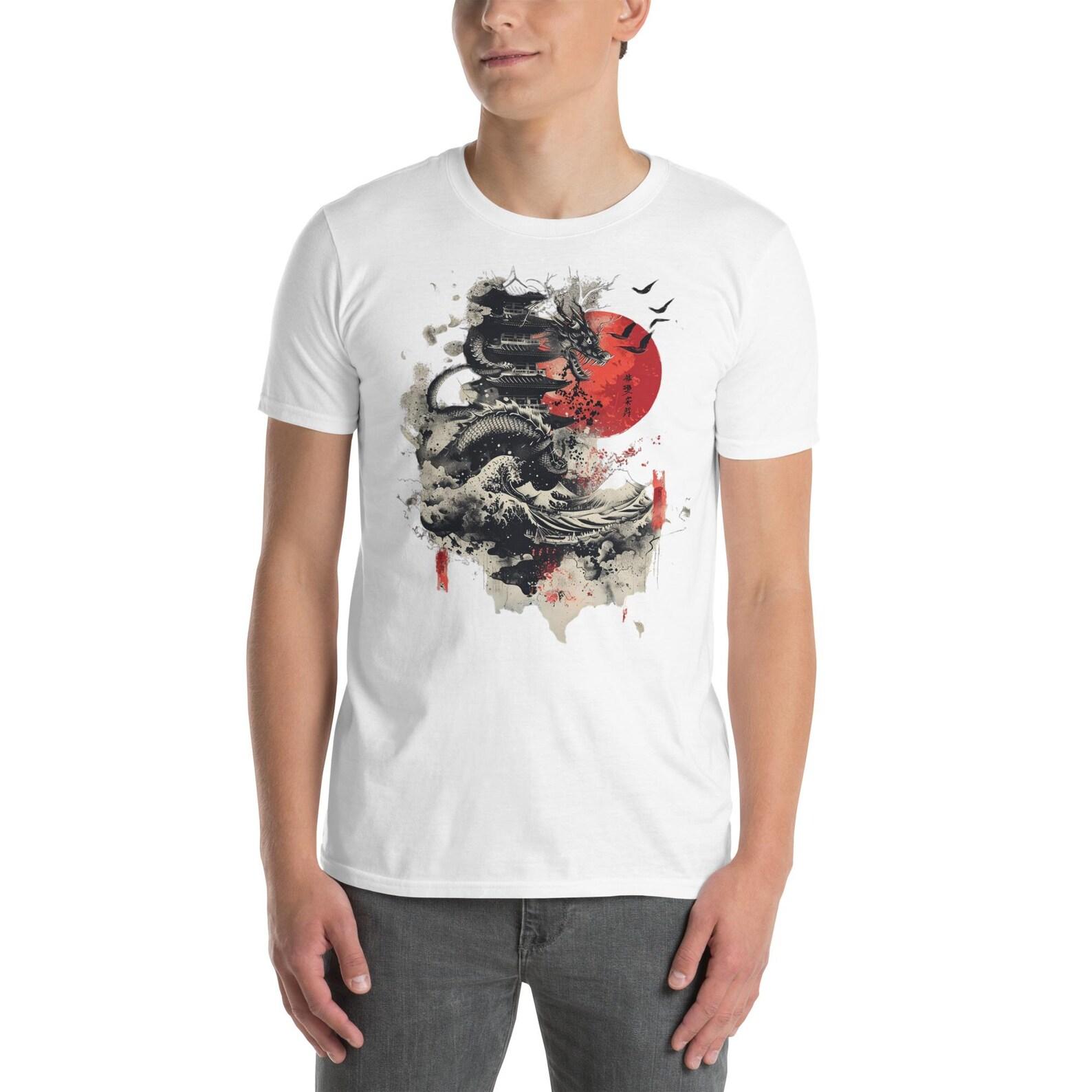 Dragon and Wave T-Shirt – Unisex Japanese Red Sun Graphic Tee – Perfect for Mythical Art Lovers S