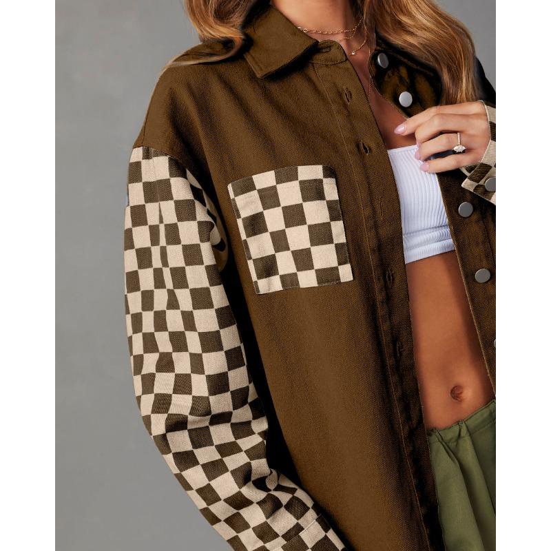 Veste en jean délavé à carreaux et blocs de couleurs décontractée ample pour femme
