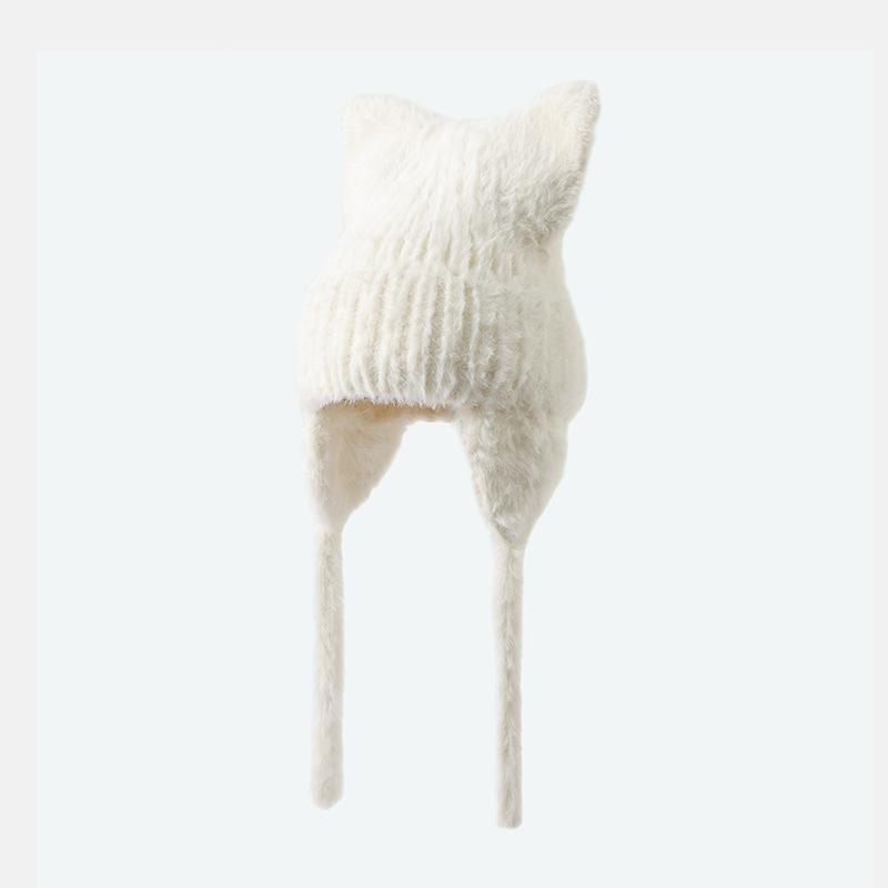 Korean New Hat for Women's Autumn and Winter Solid Color Knitted Wool Hat Cute Cat Ears Winter Warm Ear Protection Hat