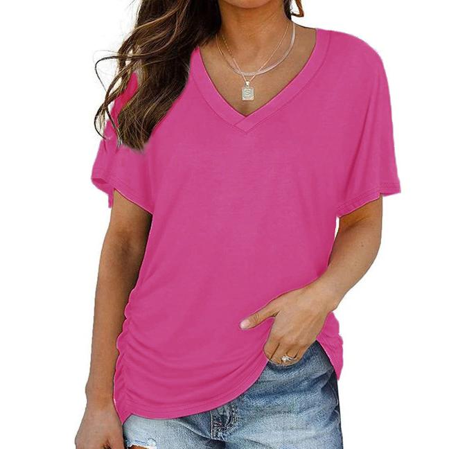Topuri de vară cu decolteu în V Top lejer Culoare uni Tricou casual cu mânecă scurtă Îmbrăcăminte pentru femei