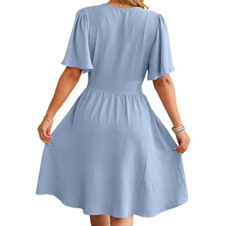Summer Casual V Neck Short Sleeve A Line Midi Dress Women Solid Color Fashion Dress
