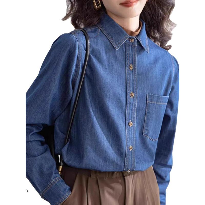 Dark Blue Retro Front Shoulder Denim Shirt for Women with Velvet Inner Layer Layered with New Autumn and Winter Small Soft Top