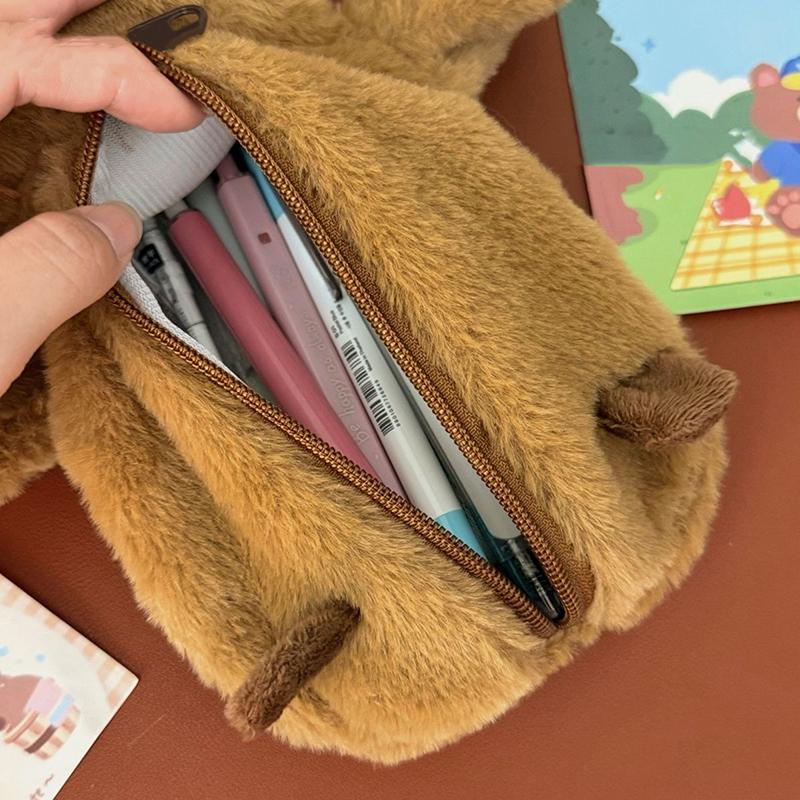2Pcs Cartoon Animal Pen Case Cute Plush Capybara Pencil Storage Bag Multifunction Large Capacity Stationery Pouch