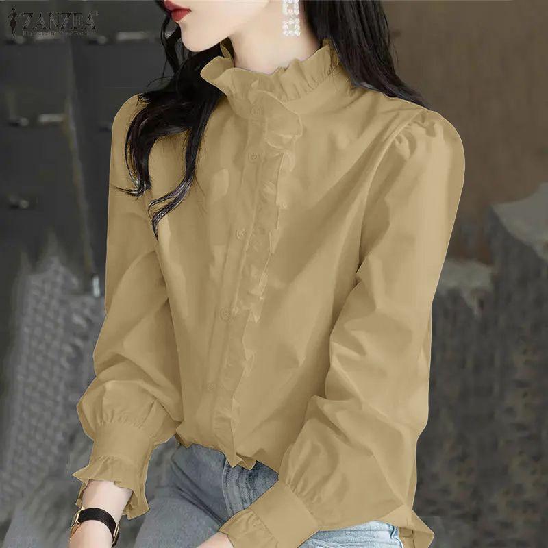 ZANZEA Damska bluzka z długim rękawem i stójką w jednolitym kolorze