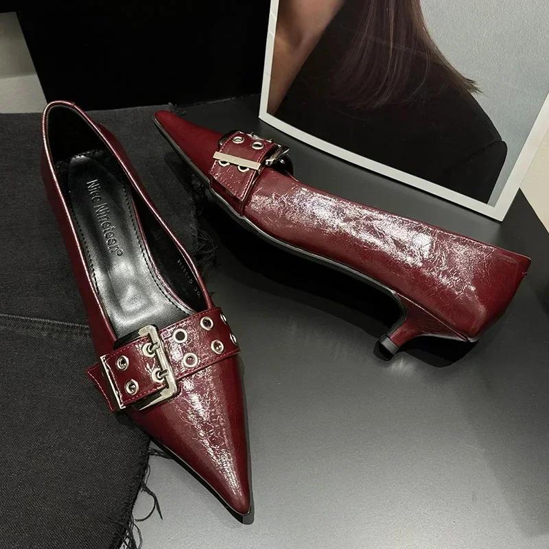 Fashion Metal Buckle Strap Design Women Pumps Sexy Pointed Toe Low Heel Muels Shoes High Quality Leather Heels Zapatos De Mujer