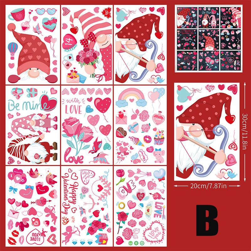 9pcs Valentine's Day Gnomes No Glue Static Sticker Window Glass Refrigerator Sticker