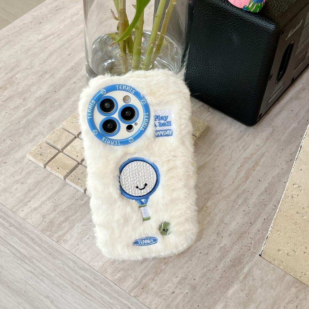 Embroidered Tennis Racket Plush Phone Case for iPhone 16 15 14 13 Pro Max Fall/Winter Warm Plush Phone Case