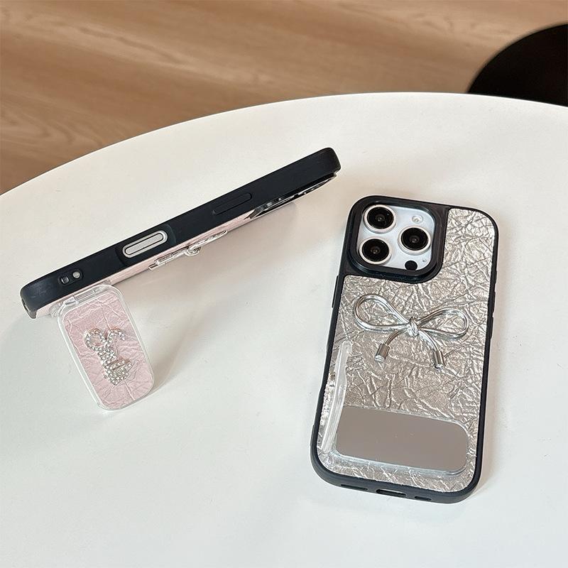 Bow Shaped Rhinestone Mirror Leather Phone Case for IPhone 16, Promax High-end 15, Niche for Apple 17