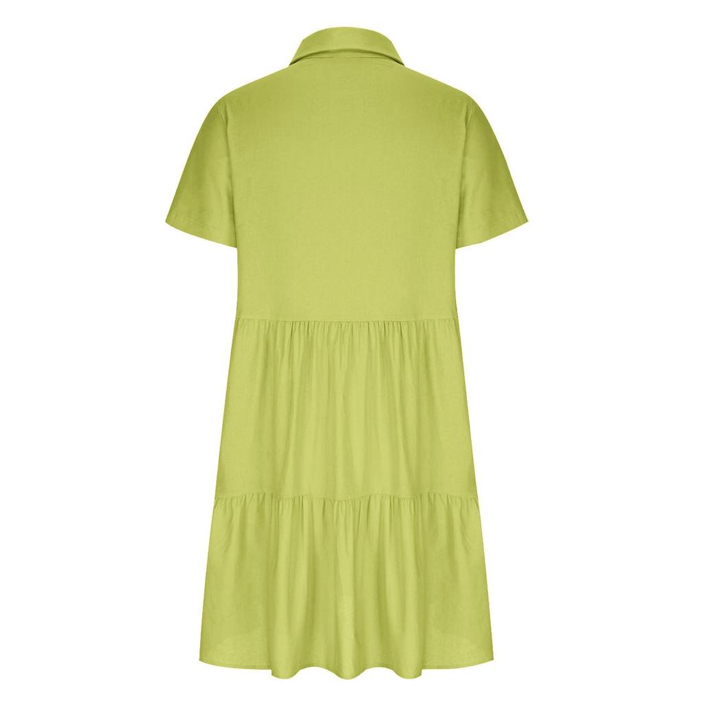 Summer Loose Color Lapel Casual Short Sleeved Cotton Linen Dress