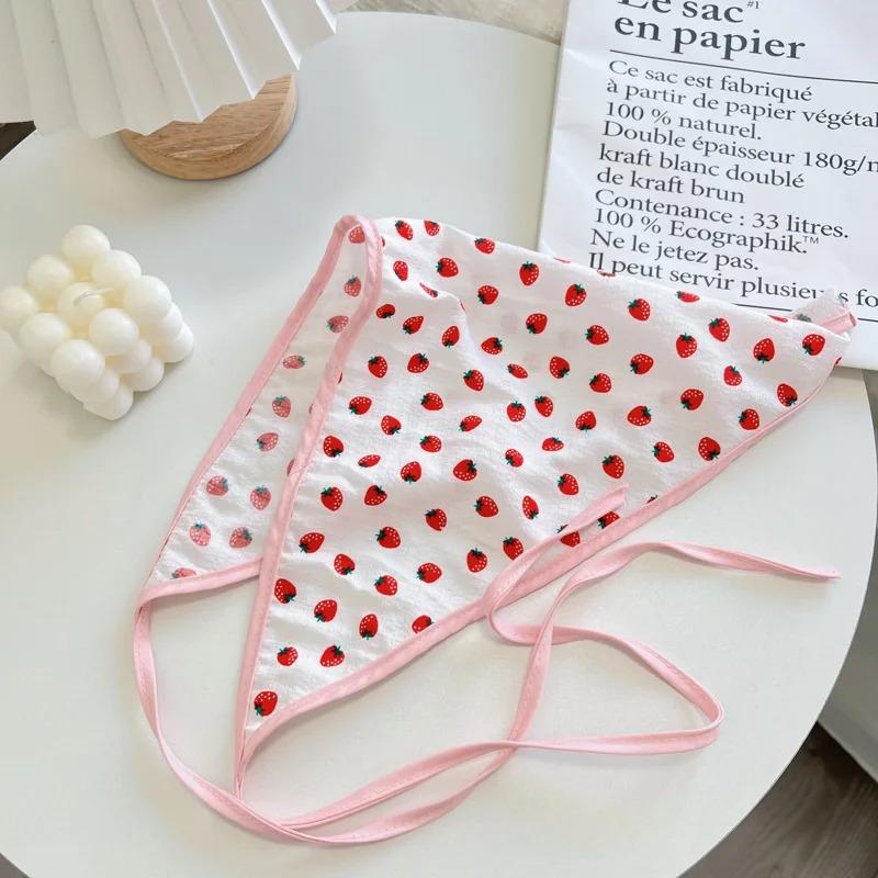 Floral Double-Layer Triangle Scarf Cotton Thin Strawberry Flower Print Hair Scarf Korean Sweet Fresh Literary Turban Accessories