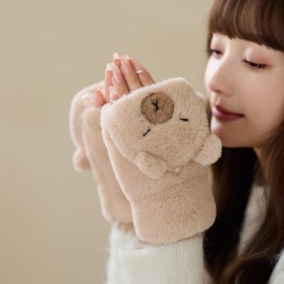 Faux Rabbit Hair Capybara Plush Mittens Windproof Animal Flip Gloves Half Finger Gloves  Women