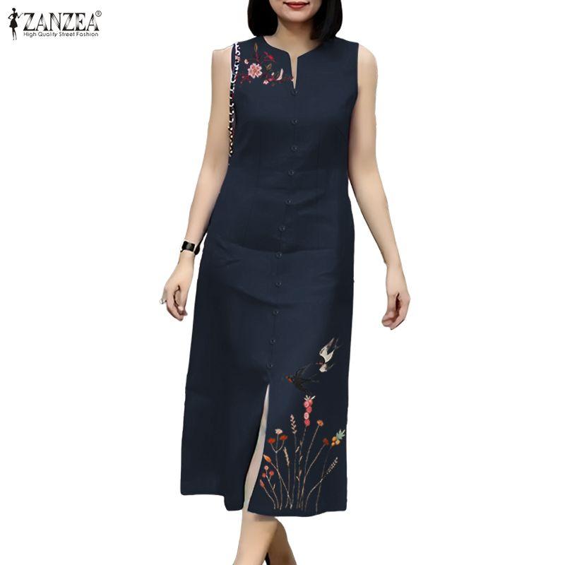 ZANZEA Women Casual Round Neck Summer Sleeveless Print Tank Dress