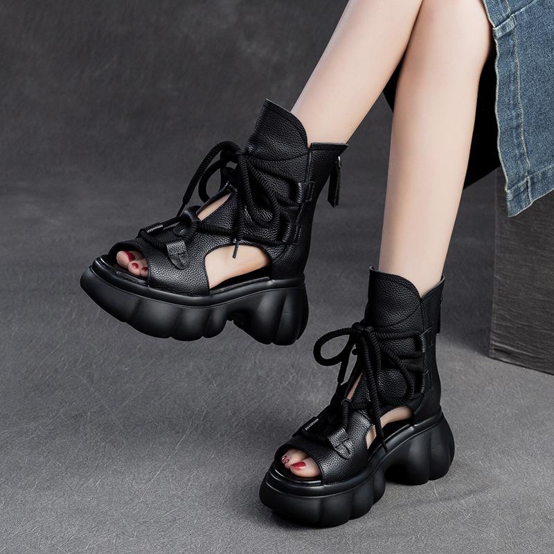 GKTINOO 2025 Spring/Summer New Genuine Leather Thick Soled Peep Toe Roman Sandals Retro Versatile Handmade Women's Shoes