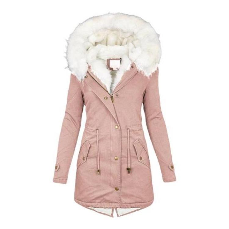 Winter Women Windproof Jacket Mid Length Slim Fit Cotton Coat Plus Size Faux Fur Hood Fleece Lined Zip Up Press Button Closure Outerwear