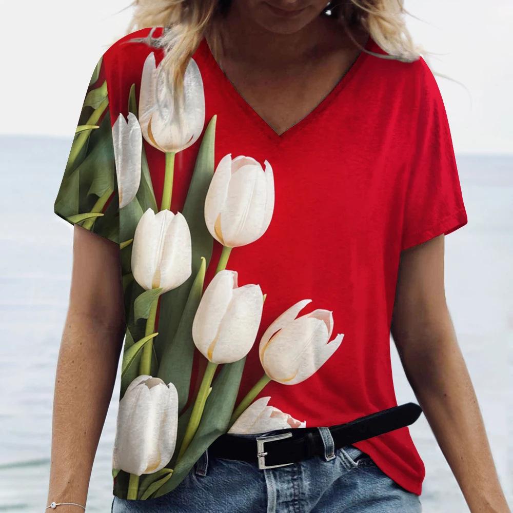 Beautiful Tulip Print 3D Printed Women's Artistic Style V-neck Short Sleeved T-shirt