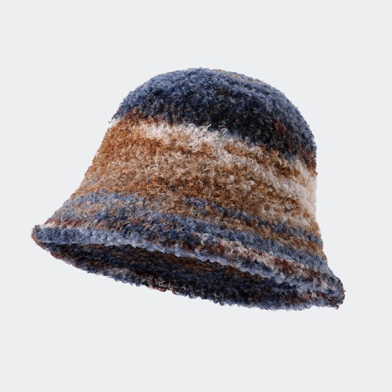 Thermal Hat Children Japanese Retro Contrasting Color Gradual Change Rainbow Knitted Bucket Hat Winter Basin Hat