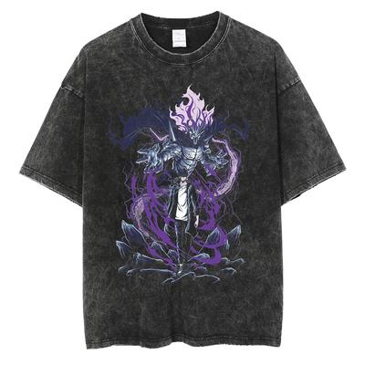 Herre- og dame-T-skjorte i vintage-vasket bomull med streetwear-motiv, anime, solo, leveling, grafisk trykk, løse t-skjorter med korte ermer