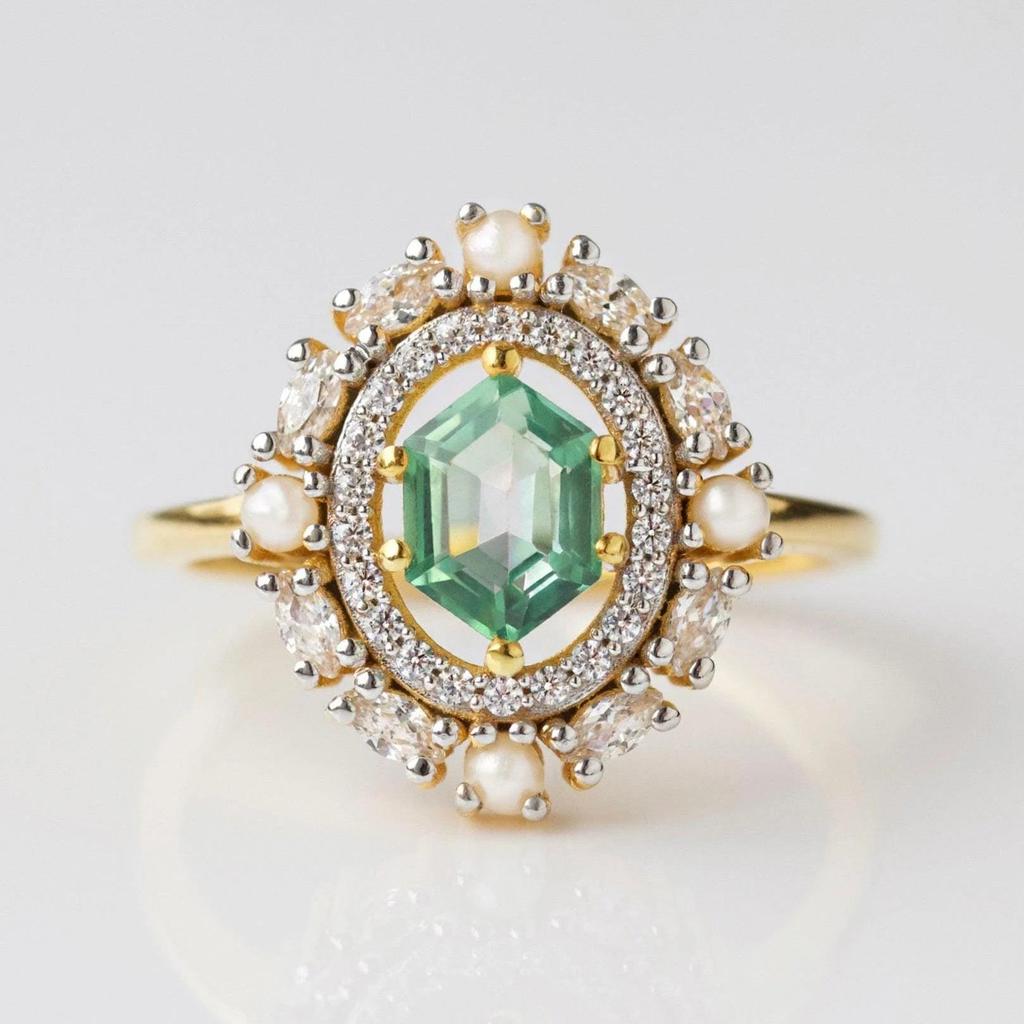 Green Amethyst Pearl Ring: Hexagon Cut Yellow Gold Plated Engagement Ring: Art Deco Multi Gemstone Anniversary Ring