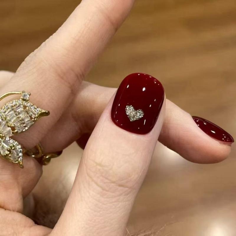 Sweetheart Plaid Wine Red Short Wearable Nail Art