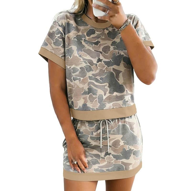 Women s Loose Fit Two Piece Matching Set Short Sleeve Camo Crop Top Elastic Waist Mini Skirt Co-ords S