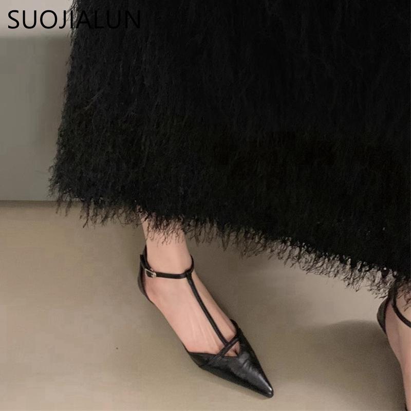 Fashion SUOJIALUN Spring New Women Sandal Fashion Pointed Toe Shallow Ladies Elegant Slingback Shoes Thin Low Heel Outdoor Dress Pumps