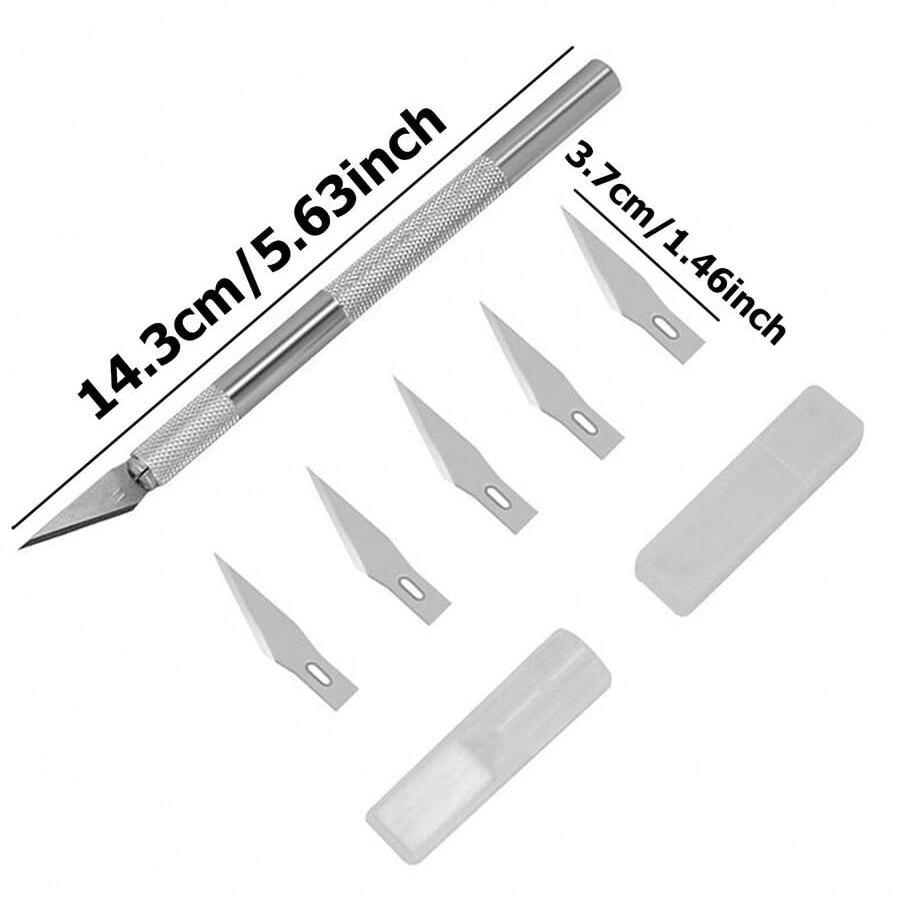 14cm Metal Carving Knife with 5pcs Blades Wood Detail Carving Tools Paper Cutting Hand-Crafted Tools Home Handmade Accessories